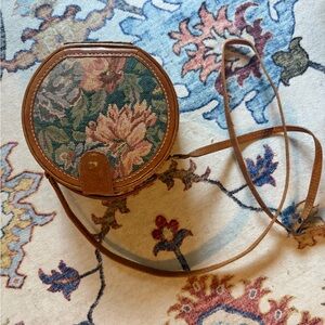 Woven Floral Round Mini Crossbody Bag in Brown